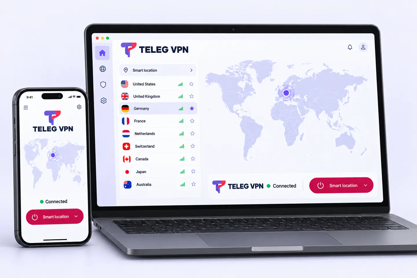 Концепт интерфейса Teleg VPN на ноутбуке и телефоне: карта, список серверов и состояние подключения